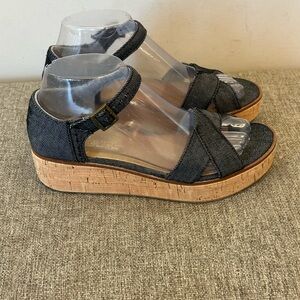 TOMS Women's Denim Cork Wedge Peep Toe Ankle Strap Sandals Size 7